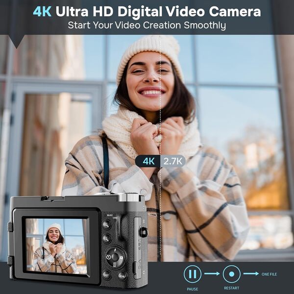 Appareil Photo Numérique 4K UHD Autofocus avec Carte 32G, Caméra de Vlogging 48 MP avec écran Rabattable à 180° et Lentille UV, Appareil Photo Compact pour Adolescents, Débutants, Adultes