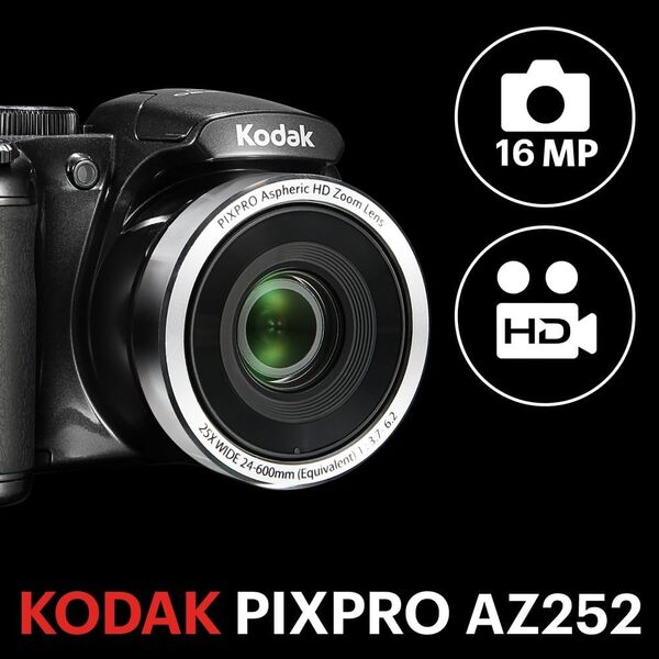 KODAK Pixpro AZ252 - Appareil Photo Bridge Numérique 16 Mpixels, Zoom Optique 25X, Video HD 720p, Grand Angle 24 mm, Stabilisateur Optique de l’Image, Ecran LCD 3 - Noir