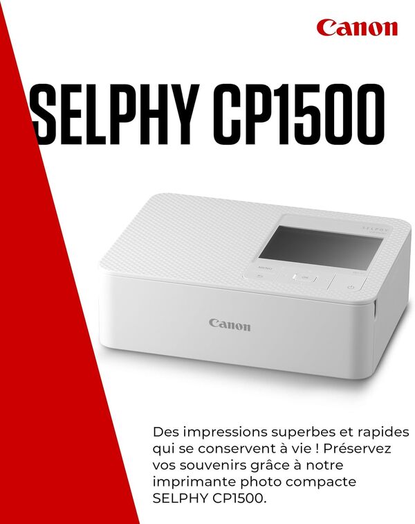 Canon SELPHY CP1500 Imprimante Photo Portable – Impression sans Fil, Impressions Durables, Connectivité USB-C & Carte SD – Imprimante Portable Idéale pour Le Scrapbooking et Les Albums Photo, Blanc