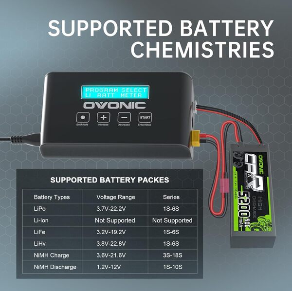 OVONIC Mate1 RC Chargeur de Batterie 100W 10A Chargeur RC Intelligent avec Chargeur d'équilibre XT60 Compatible pour 2-6s LiIon/LiPo/Life 3-18S NiMH