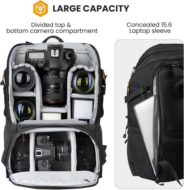 TARION Sac à dos pour appareil photo Grand sac à dos 2 en 1 pour appareil photo étanche avec compartiment pour ordinateur portable 15,6'' et sangles d'extension