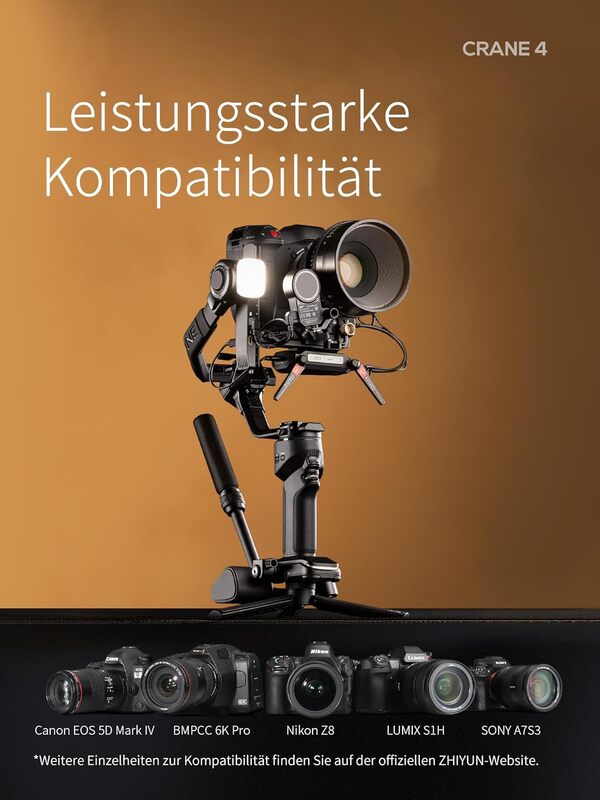 ZHIYUN Crane 4 [Official] Stabilisateur Gimbal pour Appareil Photo DSLR et sans Miroir Stabilisateur 3 Axes avec Trépied/Poche/Lampe Vidéo pour Nikon/Canon/Sony/Panasonic/Fujifilm