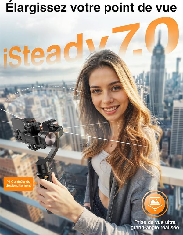 Stabilisateur Smartphone - Hohem Gimbal Supporte Jusqu'à 280g, Stabilisateur Cardan sur 3 Axes pour iPhone 15/14/13/XR, Samsung Galaxy/Huawei, Gimbal Portable avec Contrôle APP (iSteady Mobile+2024)