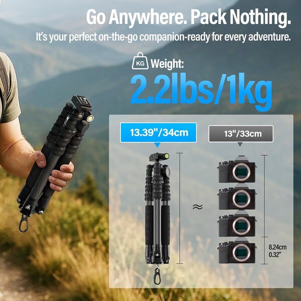 SIRUI Trépied de Voyage, 55.1‘’ Trépied Compact et léger en Fibre de Carbone avec Rotule Panoramique 360° pour Appareils Photo, Plaque QR, Colonne Centrale Amovible, Charge Jusqu'à 10kg, AM-5C