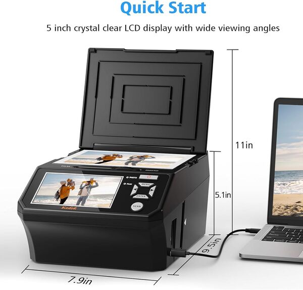 Scanner multi-photos, diapositives et négatifs, scanner photo à numériser avec grand écran LCD de 5 pouces, convertir 35 mm, 110 films/photo/carte de visite en 22 MP Digital JPEG, contient une carte