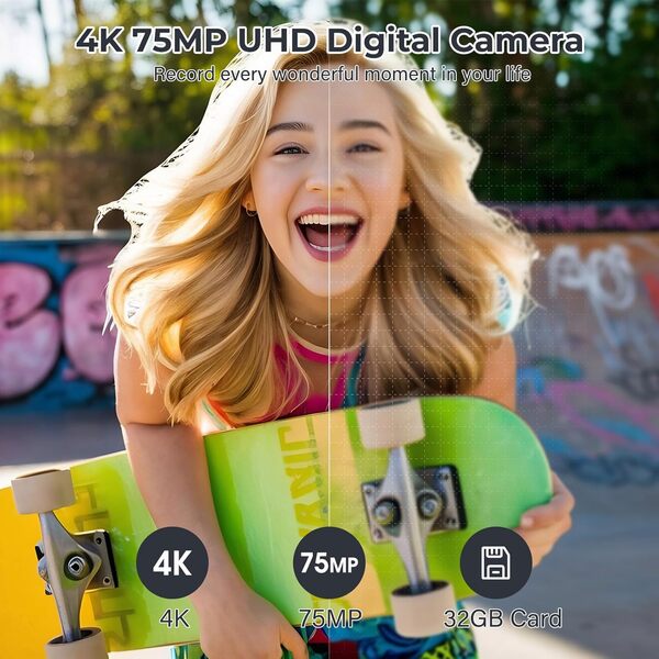 Appareil photo numérique 4K, appareil photo compact UHD – Caméra de vlogging rechargeable autofocus avec carte de 32 Go et batterie, caméras de voyage portables avec zoom numérique 16x pour enfants