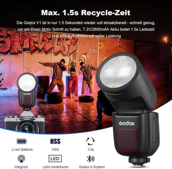 GODOX V1F Flash Rond 76 W Speedlite Professionnel Flash Rond 1/8000 HSS 2.4 G Wireless X System TTL avec 2600 mAh Lithium-ION Compatible pour Fuji