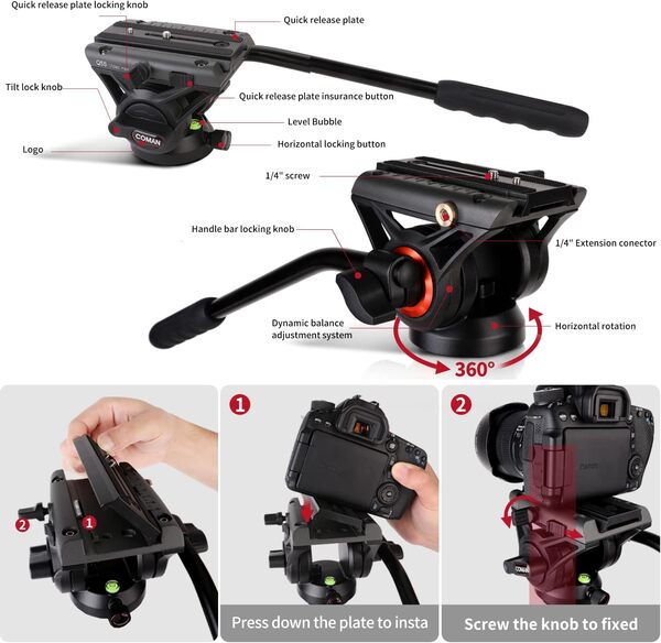 COMAN Trépied d'appareil Photo 188 cm trépied d'appareil Photo Professionnel Robuste pouvant contenir 8 kg avec Sac en Tissu, Plaque de dégagement Rapide, trepied Appareil Photo