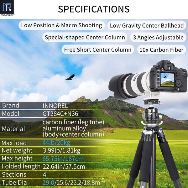 Trépied en Fibre de Carbone-INNOREL GT284C Trépied Professionnel Compact pour Appareil Photo DSLR Support Robuste avec tête sphérique à Faible gravité Tube de 29 mm Charge maximale de 20 kg