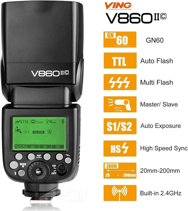 Godox V860II V860II-C TTL Flash pour Appareil Photo Canon, 2.4G sans Fil 1/8000s HSS Canon Speedlite, Environ 650 Flashes à Pleine Puissance, Fonction Maître/Esclave, Externe Flash pour Photographie
